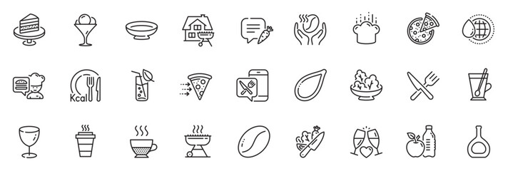 Icons pack as Coffee, Food delivery and Glass line icons for app include Takeaway, Ice cream, Vegetable outline thin icon web set. Pizza, Dish, Cake pictogram. Calories, Cooking hat. Vector