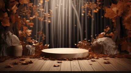 3D display podium. Cozy autumn forest background with fallen leaves and warm, earthy tones. Nature minimal pedestal, beauty, cosmetic product presentation. Generative ai.
