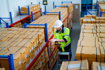 Upper view warehouse worker man stand on stair and hold tablet to check product on shelves in workplace.