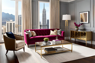 Interior design of a Hollywood glam living room that incorporates luxurious fabrics, metallic accents, and bold statement pieces | Generative AI
