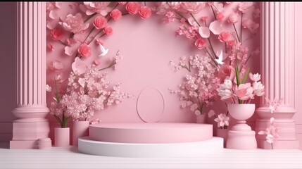 3D display podium. Romantic setting for cosmetic product presentation. Garden party 3D background, floral podium display with lush blossoms and greenery. Generative ai.