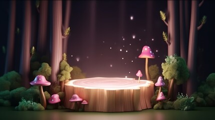 3D display podium. Enchanted forest 3D background, tree trunk podium surrounded by glowing fireflies. Magical setting for cosmetic product presentation. Generative ai.