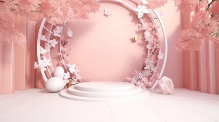 3D display podium. Romantic setting for cosmetic product presentation. Garden party 3D background, floral podium display with lush blossoms and greenery. Generative ai.