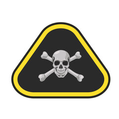 A realistic-style skull with crossbones in a black triangle with a yellow outline on a square white background. Icons, individual elements. Funny pictures. Vector illustration.