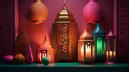 Fototapeta premium 3D display podium. Moroccan bazaar 3D background, lantern - lit podium display with rich textures, patterns, and colors. Exotic setting for cosmetic product presentation. Generative ai.