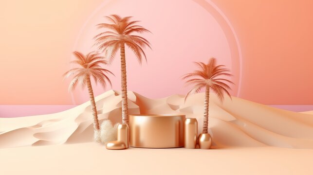 3D display podium. Nature minimal pedestal, beauty, cosmetic product presentation. Desert oasis 3D background, sandy dune podium display with lush palm trees and water reflection. Generative ai.