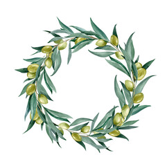 Round frame branch of ripe olives. Farmers market menu design. poster with organic food. Vintage drawing, hand drawn.