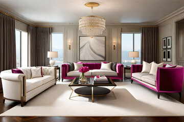 Fototapeta premium Interior design of a Hollywood glam living room that incorporates luxurious fabrics, metallic accents, and bold statement pieces | Generative AI