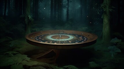 A casino roulette inside a dark mysterious forest - AI Generated