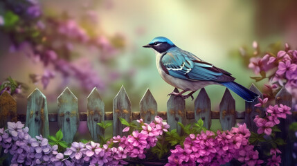 Obraz premium Bird sitting on the flower fence, spring background, ai generative
