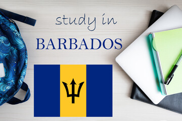 Study in Barbados. Background with notepad, laptop and backpack. Education concept.
