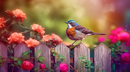 Bird sitting on the flower fence, spring background, ai generative