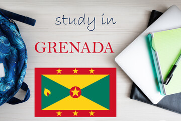Study in Grenada. Background with notepad, laptop and backpack. Education concept.