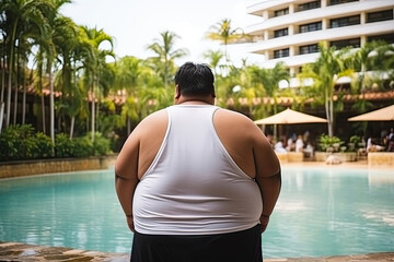 Back view of fat man with overweight standing near swimming pool at hotel resort. Problem of obesity during summer holidays. Created with Generative AI