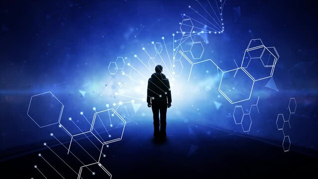 Man silhouette with looped chemical molecules and dna chain animation background.