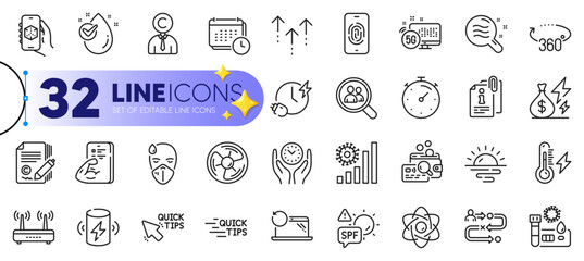 Outline set of Swipe up, Inspect and Charging time line icons for web with Wifi, Coronavirus statistics, Fingerprint thin icon. Recovery laptop, Attached info, Safe time pictogram icon. Vector