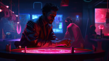 An illustration of a man playing casino roulette inside a futuristic casino