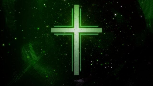 Futuristic Christian cross in ethereal sparkling green cyberspace loop. Concept 3d animation of Roman Catholic scifi crucifix as religious sign of a modern spirituality and faith in the digital world