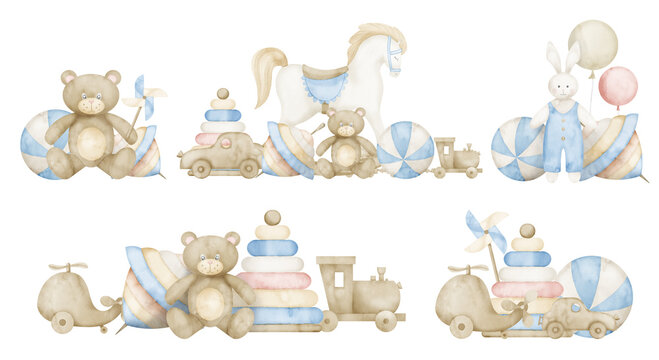 Set of vintage Baby Toys with rocking Horse and teddy bear. Hand drawn watercolor illustrations on isolated background for Kid shower in pastel colors. Bundle for greeting cards or invitations.