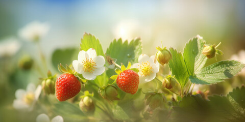 Strawberries Strawberry glade. Wild strawberry berries and flowers. Berry-floral watercolor blurred background for greeting card for Mother's day, Birthday, Father day. Generative ai illustration
