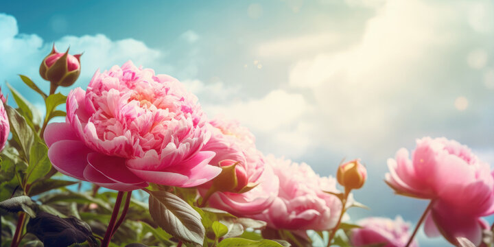 Pink peonies in garden. Blooming pink peonies.  Peony background. Beautiful pink peony flowers on a background of blue blurred sky. Generative ai floral illustration