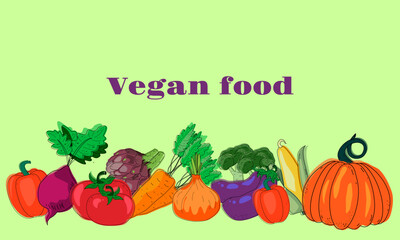 Collection of colorful hand drawn fresh delicious vegetables isolated on green background. Vegetarian food.