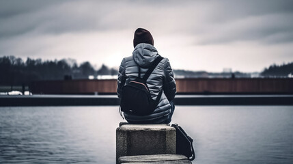 A person wearing a backpack, practicing mindfulness overlooking a waterway with their back to the camera