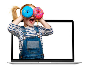 Happy cute girl is having fun played with donuts on png background. Bright photo of a child. Colored donuts