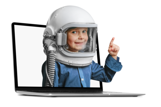 A small child imagines himself to be an astronaut in an astronaut's helmet. - Powered by Adobe