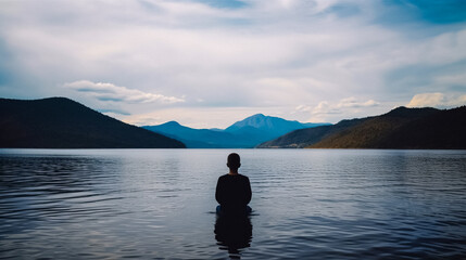 A person practicing mindfulness overlooking a mountain lake with their back to the camera