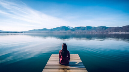 A person sitting on a wood pier practicing mindfulness overlooking a large lake with their back to the camera - obrazy, fototapety, plakaty