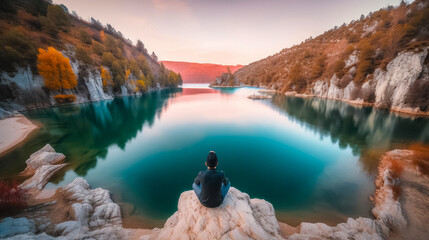 A person sitting on a large rock, practicing mindfulness, overlooking a lake with their back to the camera