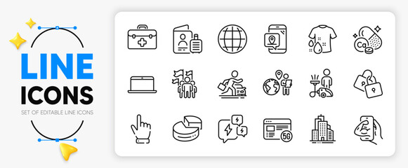 Locks, Cursor and First aid line icons set for app include Outsource work, Leadership, Car rental outline thin icon. Stress, Globe, Laptop pictogram icon. Cleaning, 5g internet, Wash t-shirt. Vector