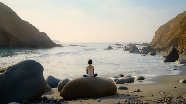 A person practicing mindfulness overlooking an ocean with their back to the camera
