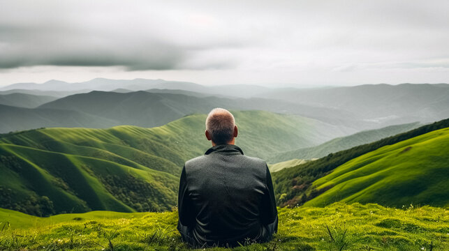 A person practicing mindfulness overlooking a misty green valley with their back to the camera