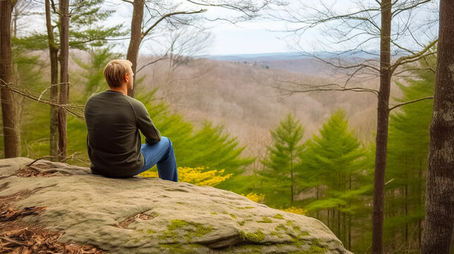 A person practicing mindfulness overlooking rolling hills of trees with their back to the camera