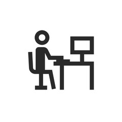 Person sits at a desk with a computer, linear style icon. The workplace. Editable stroke width