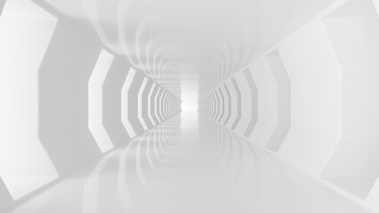 White futuristic tunnel leading to light. Modern style abstract 3d rendered background.