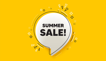 Summer Sale tag. 3d speech bubble yellow banner. Special offer price sign. Advertising Discounts symbol. Summer sale chat speech bubble message. Talk box infographics. Vector