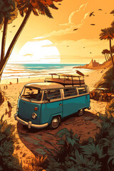  Poster or cover sandy parking lot, Van Life theme,  old rv,  motorhome, surfboards on beach. ai generative