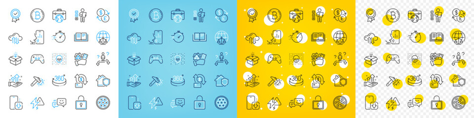 Vector icons set of Gamepad, Timer and Money transfer line icons pack for web with Cable section, Cloud sync, Home insurance outline icon. Analysis graph, 360 degrees. Vector