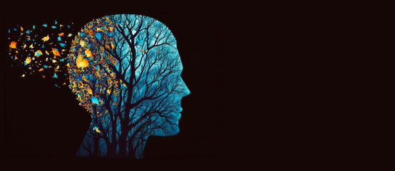 Symbol of memory loss due to dementia, alzheimer. Illustration of a human head with a brain made of withered falling autumn leaves. World mental health day. World Parkinson day concept. Generative ai.