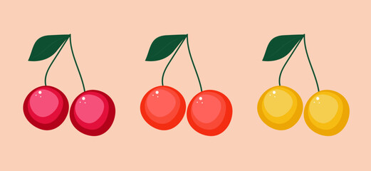 Vector illustration set of cherries. Vector illustration in  flat style. Isolated on a white background.