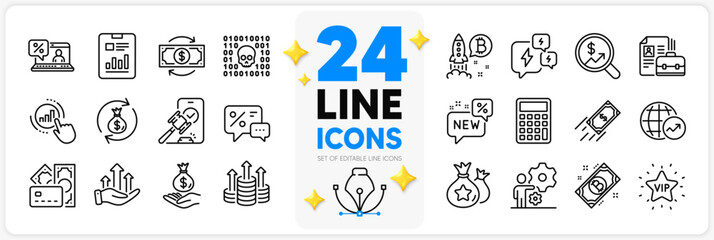Icons set of Job, Currency audit and Fast payment line icons pack for app with Money, Report document, Online loan thin outline icon. Bitcoin, World statistics, New pictogram. Vector