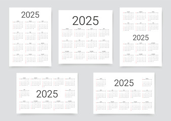 2025 calendar. Calender layout. Desk planner template. Week starts Sunday. Yearly organizer grid with 12 months. Vector illustration. Pocket or wall formats in English. Simple design.
