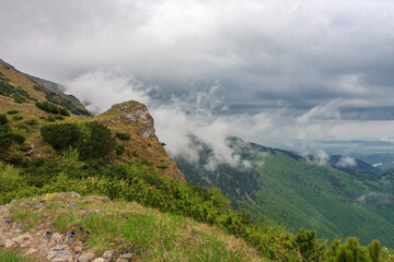 Mountain pass Bublen, path to Maly Krivan, national park Mala Fatra, Slovakia, in spring cloudy day