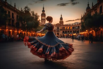 Flamenco dancer performing passionately in city square at sunset, traditional Spanish dance, vibrant colors, generative ai - obrazy, fototapety, plakaty