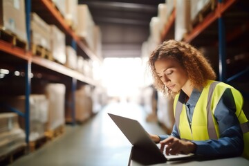 Female African American logistics coordinator in warehouse, using laptop to manage inventory, track shipments, optimizing the supply chain process for efficient distribution, delivery, generative ai - obrazy, fototapety, plakaty