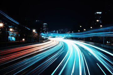 light trails of city cars at night, colorful curves. Generative AI.