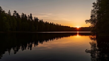 Fototapeta premium Captivating Colors - A Sunset Over a Calm Lake in the Forest